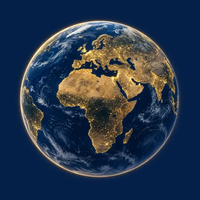 Illustrative gold and navy globe showing Europe, Africa and Asia
